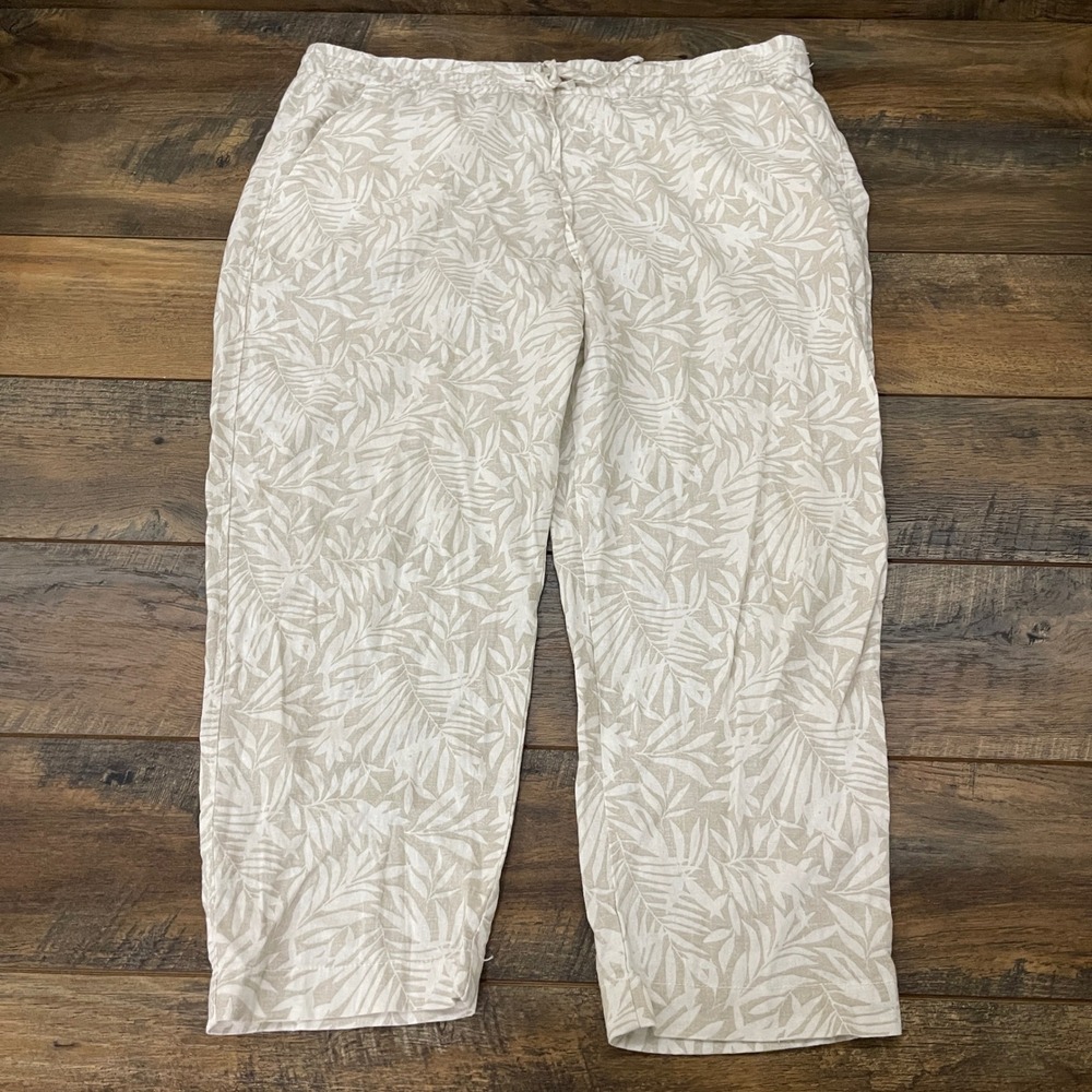 Gap Linen Blend Tropical Palm Leaf Print Drawstring Crop Pants Tan Cream XL